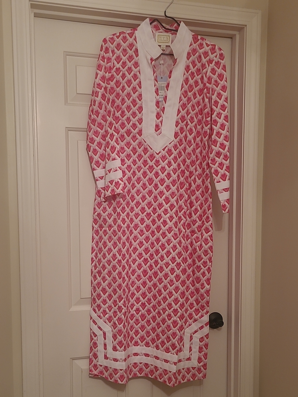 💗 NWT Sail to Sable Pink and White Heart-Print Maxi Tunic Dress L